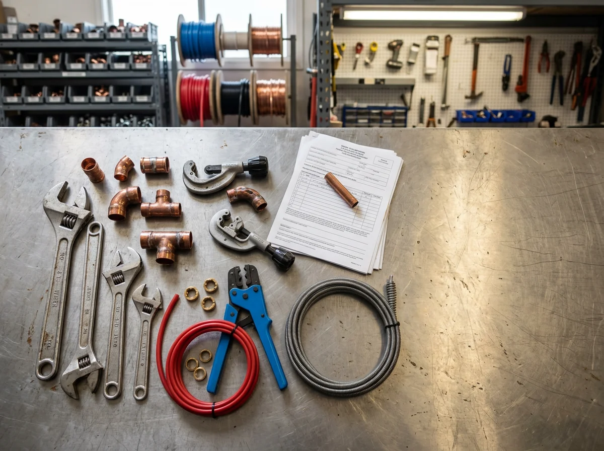 Professional plumbing tools and equipment arranged on a work surface, showcasing the trade essentials used for residential and commercial repairs.