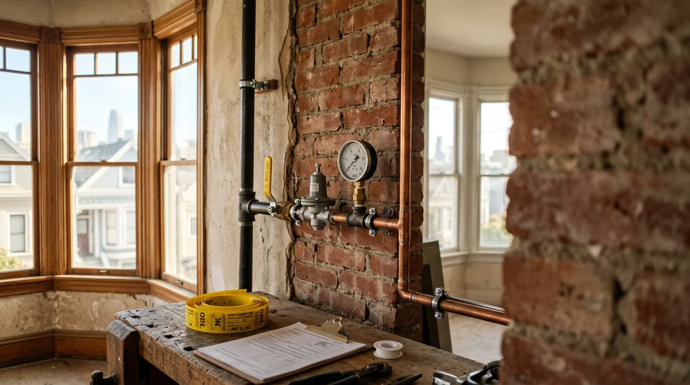 Plumber working on a gas line installation in a residential home