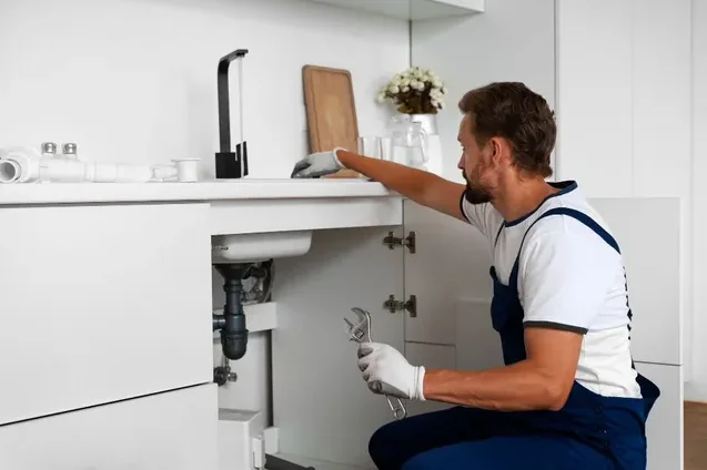 Plumber installing a water line in a residential kitchen