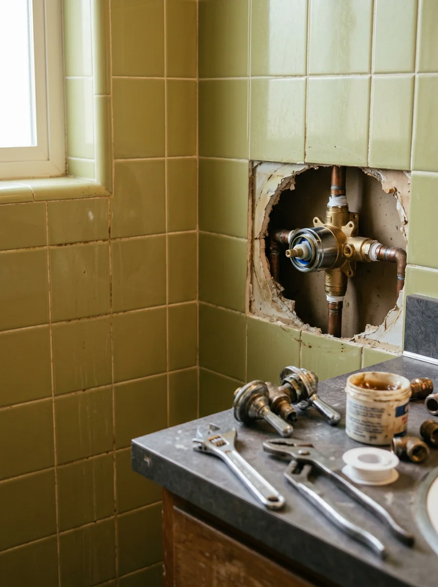 Shower valve replacement in a Cupertino 1970s ranch home, with the old valve body removed from the tile wall and a new pressure-balancing unit being installed in the rough-in.