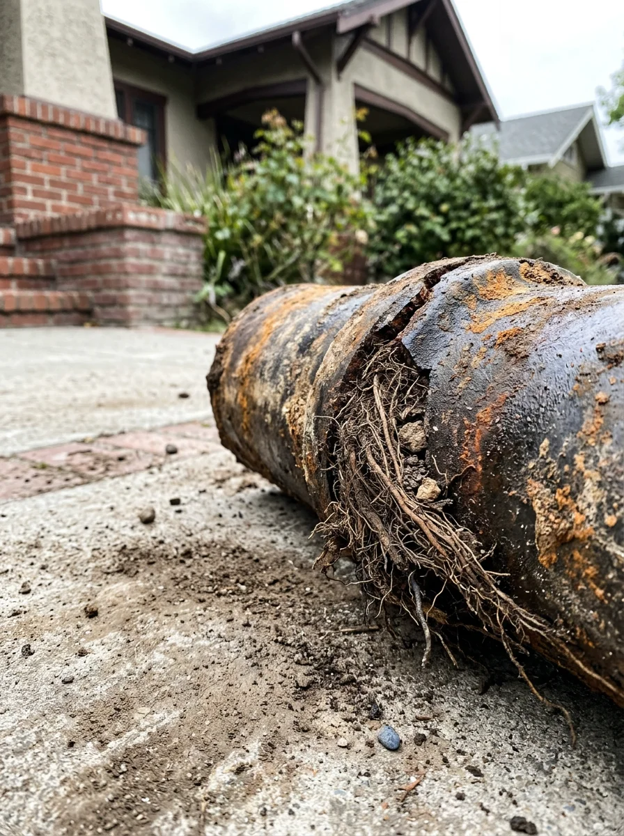 Corroded clay sewer lateral removed from a Palo Alto property in the Crescent Park neighborhood, showing root intrusion at a cracked pipe joint.