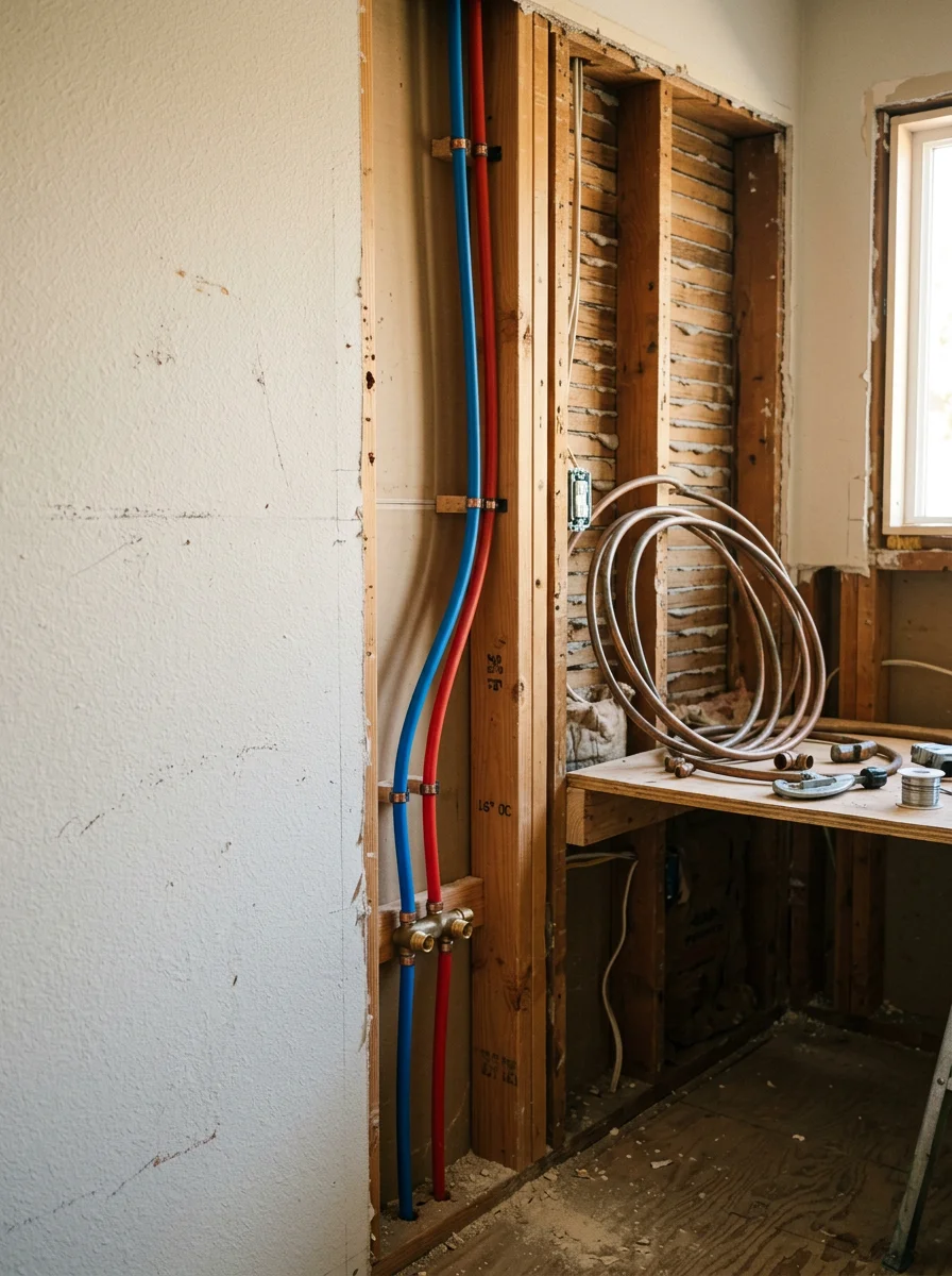 New PEX water line repipe installation in a Redwood Shores home built on reclaimed bay fill land, with old copper supply lines removed and new lines routed through the walls.