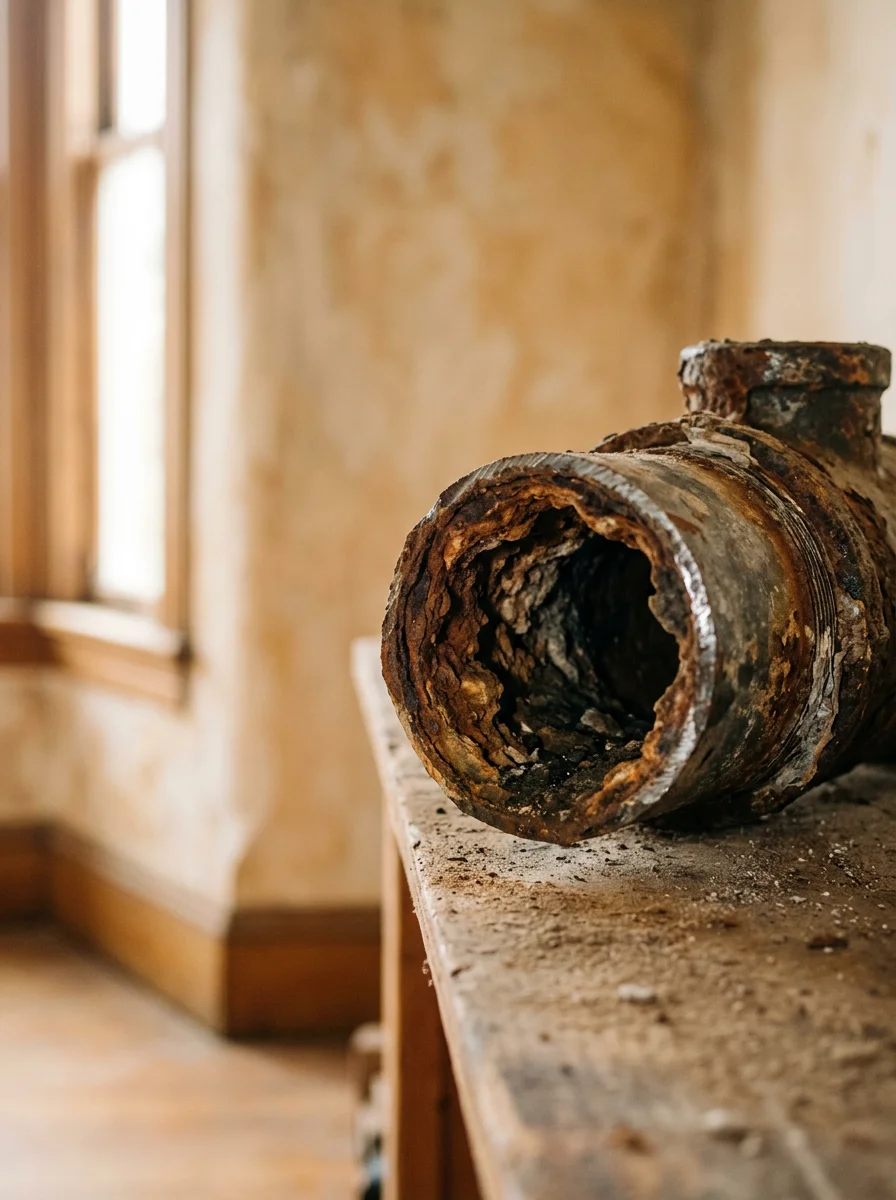 Close-up of a corroded galvanized supply line removed from a San Francisco Edwardian home, showing heavy internal scaling that restricted water flow to upper-floor fixtures.