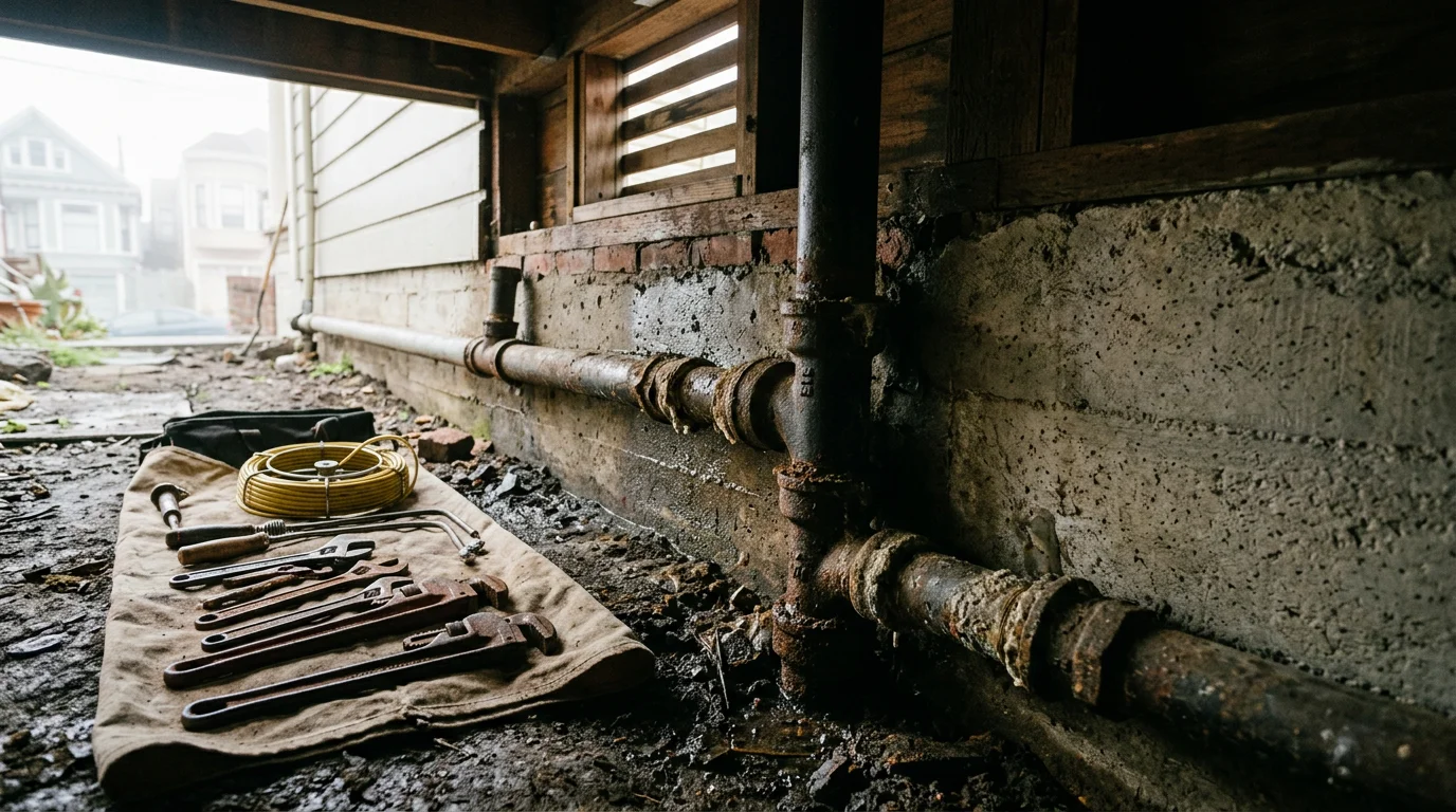 A plumber working beneath a Victorian flat in San Francisco, accessing cast iron drain lines through a tight crawl space beneath a concrete foundation.