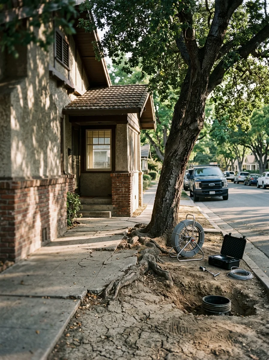 Camera inspection image of a cracked clay sewer lateral beneath a San Jose property in the Rose Garden neighborhood, showing root intrusion at a failed pipe joint.