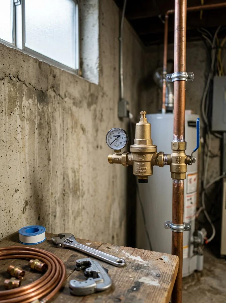 A pressure regulator installation on the main supply line of a San Mateo home near the bay-adjacent Marina Lagoon neighborhood, with new fittings and shutoff valve in place.