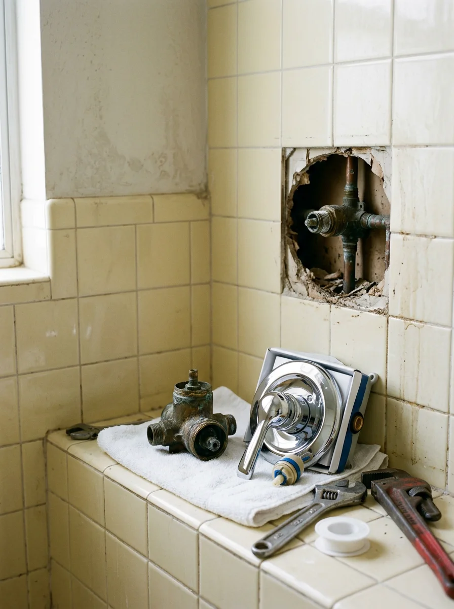 Shower valve replacement in a Saratoga mid-century home, with the old corroded valve removed from the wall and a new unit being fitted into the existing rough-in.