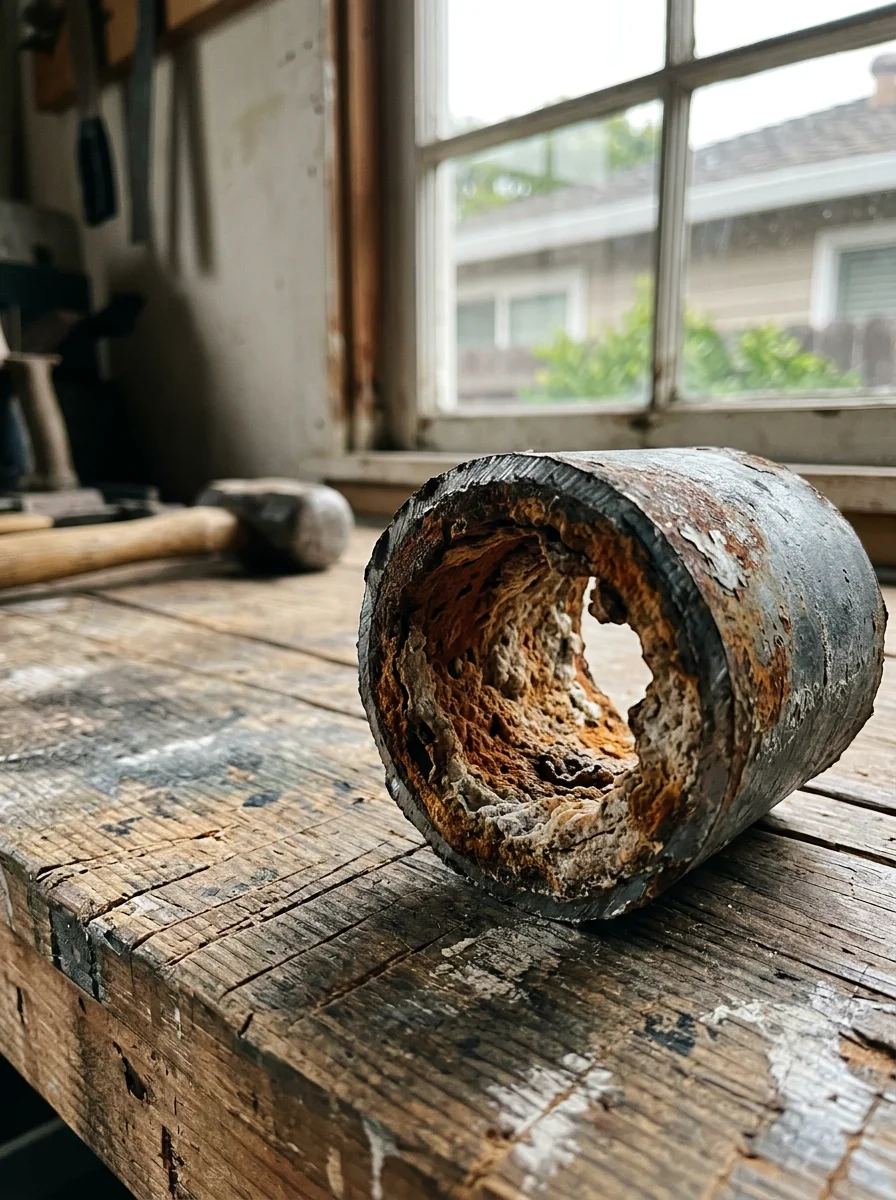 Cross-section of a corroded galvanized steel supply pipe removed from a 1950s Sunnyvale home, showing heavy internal scaling that had reduced the pipe's effective diameter by more than half.