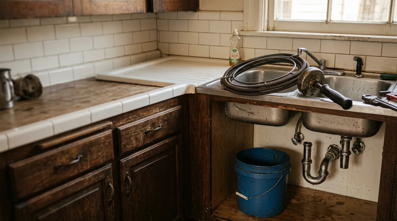 A plumber clearing a clogged kitchen sink drain in a San Francisco home, with a drain snake inserted into the pipe under the cabinet. The pipe shows visible grease and debris buildup typical of older Bay Area cast iron drain lines.