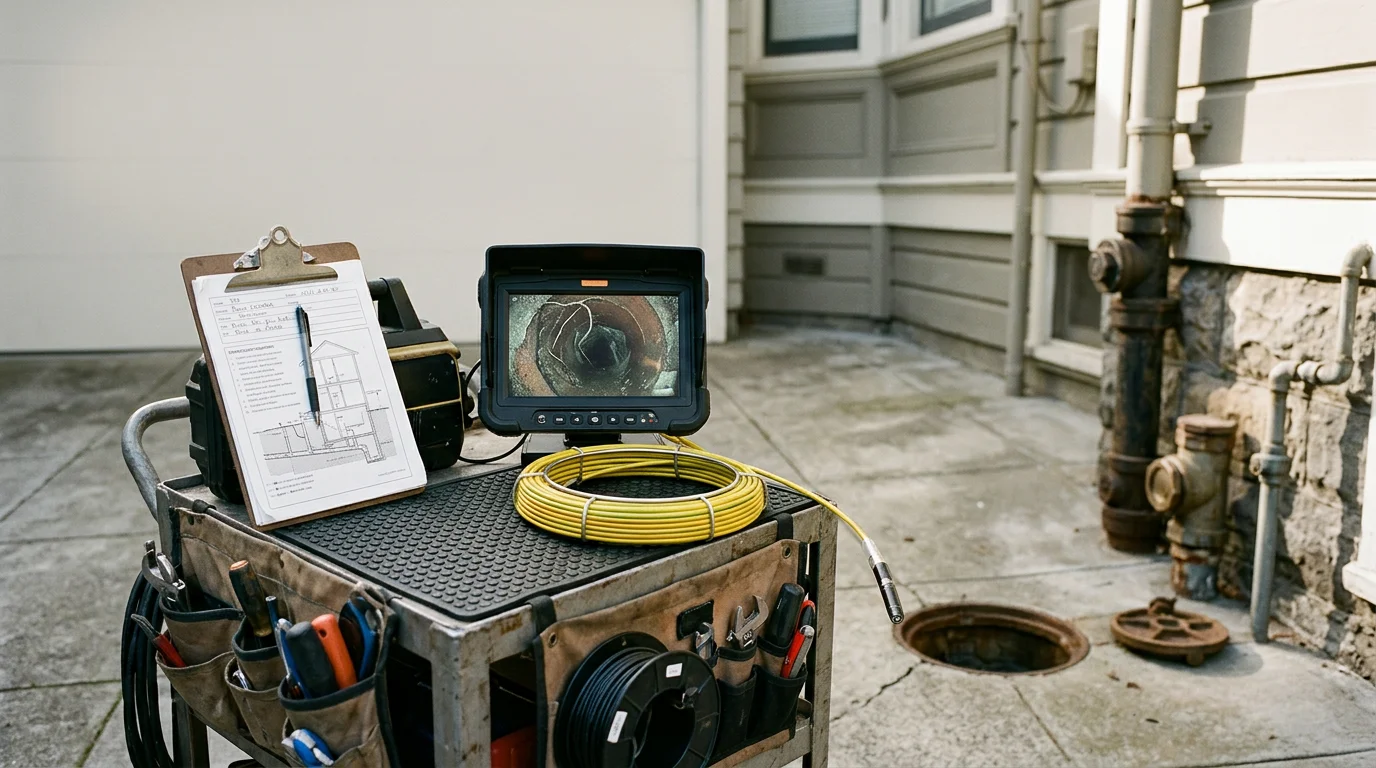 A plumber feeding a flexible drain inspection camera into a cleanout access point at a residential property in San Francisco. The monitor displays a live view of the interior of an older clay drain pipe showing root intrusion near a pipe joint.
