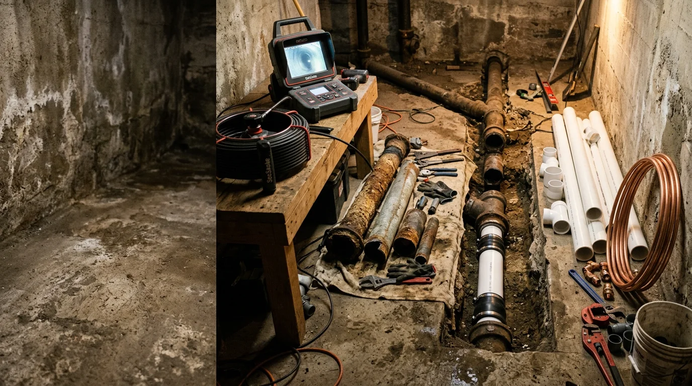 A plumber replacing a corroded galvanized drain pipe beneath a kitchen sink in an older San Francisco Bay Area home. New pipe sections are laid out alongside the deteriorated original pipe showing interior rust buildup.