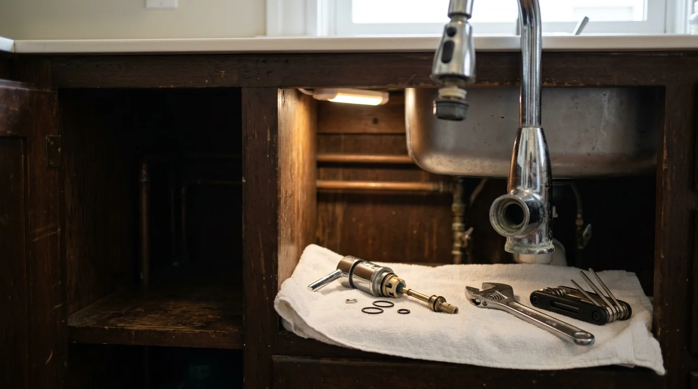 A plumber replacing a worn cartridge inside a kitchen faucet in a San Francisco home, with the sink cabinet open and tools laid out on a cloth. The repaired faucet sits above a stainless steel sink with no visible drips or water staining.