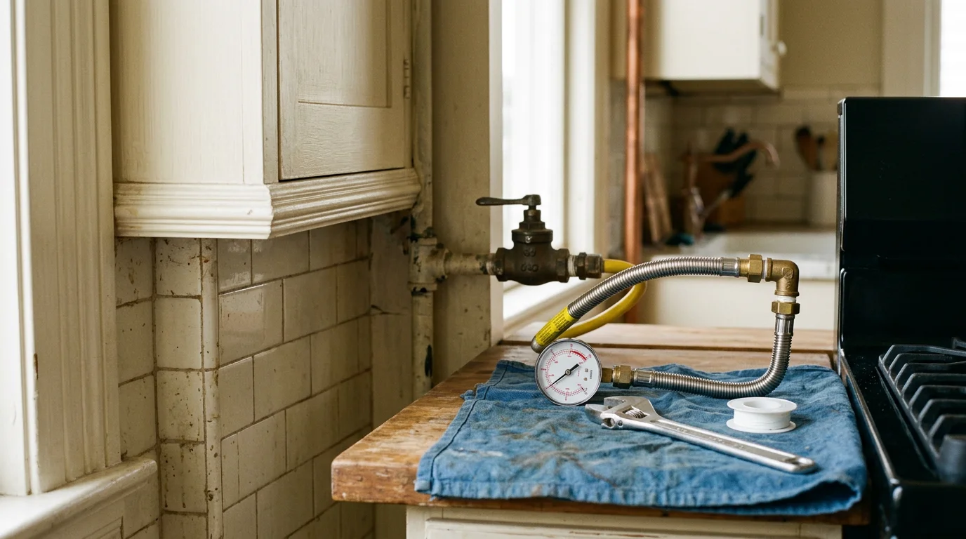 A plumber connecting a gas supply line to a residential range in a San Francisco kitchen, with visible shutoff valve and pressure-tested fittings at the appliance connection point.
