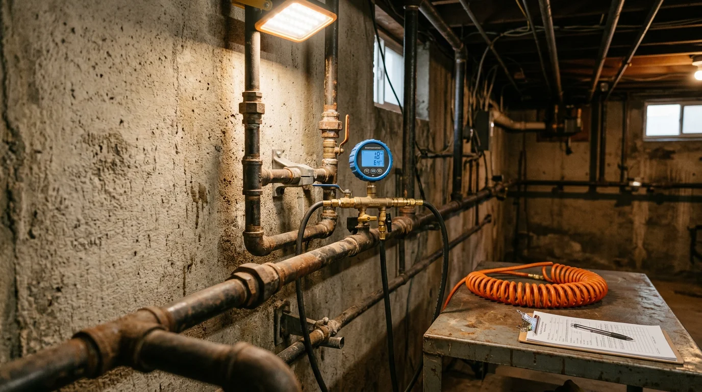 A plumber performing a gas line pressure test on residential piping in a San Francisco home, monitoring a pressure gauge attached to the gas supply line. The inspection covers visible pipe joints and fittings in the utility area of the property.