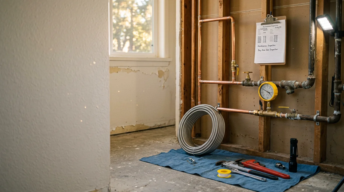A plumber inspecting and repiping a gas line inside the wall of an older San Francisco Bay Area home. New gas piping runs through an open wall cavity in a residential property served by SF Plumbing Experts.