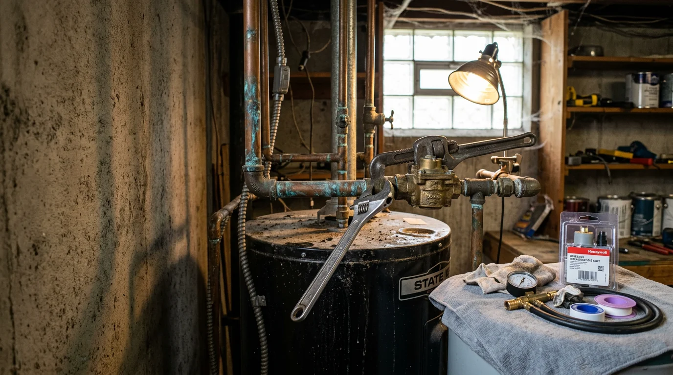 A plumber inspecting and replacing a corroded gas shut-off valve on a residential gas line in a San Francisco Bay Area home. Close-up view showing the old valve removed and a new valve fitted at the appliance connection point.