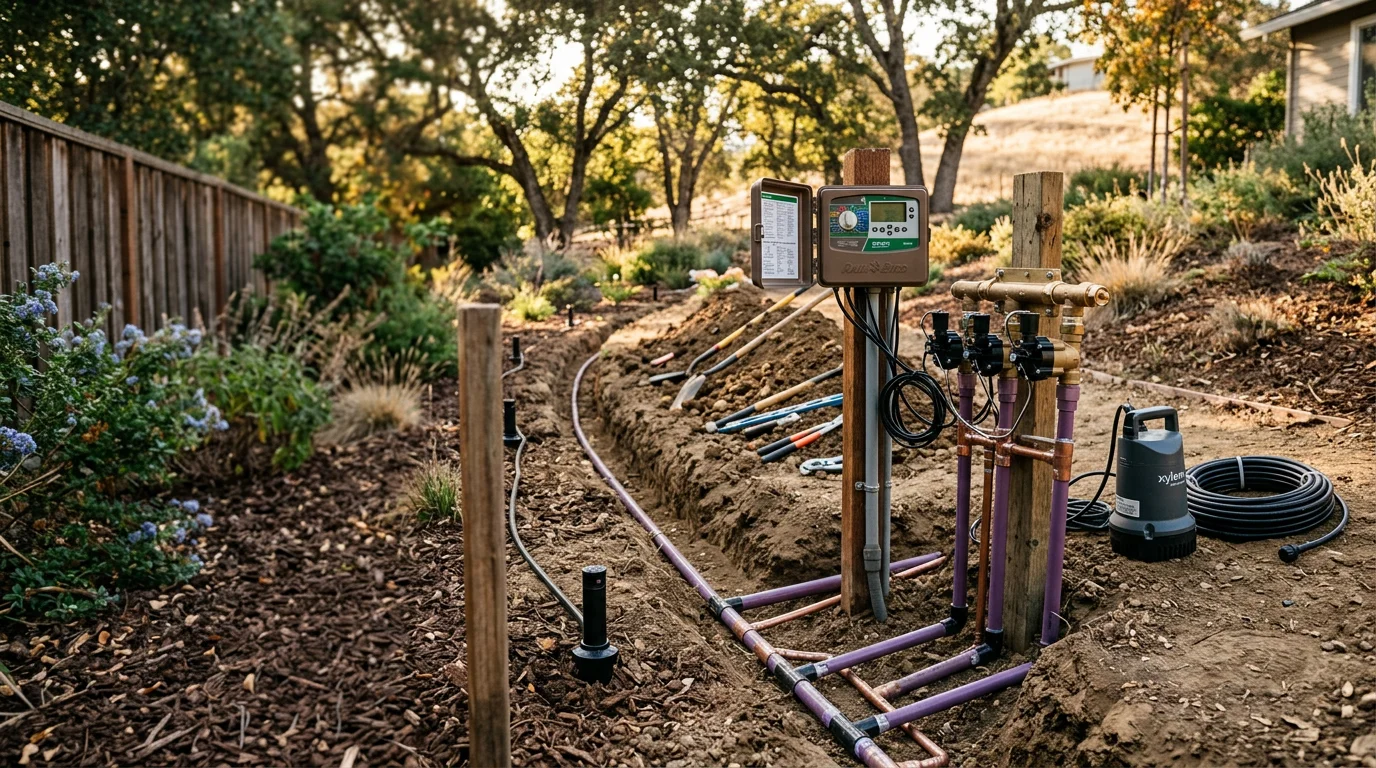A residential irrigation system with multiple sprinkler heads running across a green lawn in a San Francisco Bay Area front yard. A plumber inspects a valve box near the property line during a repair visit.