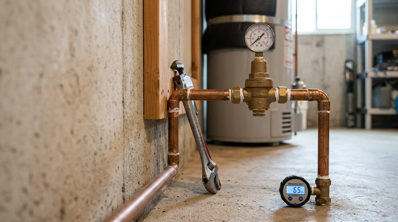 A brass pressure regulator valve installed on a residential main water line inside a San Francisco home utility area. The valve is mounted securely on copper pipe near the main shutoff, with clear access for future adjustment.