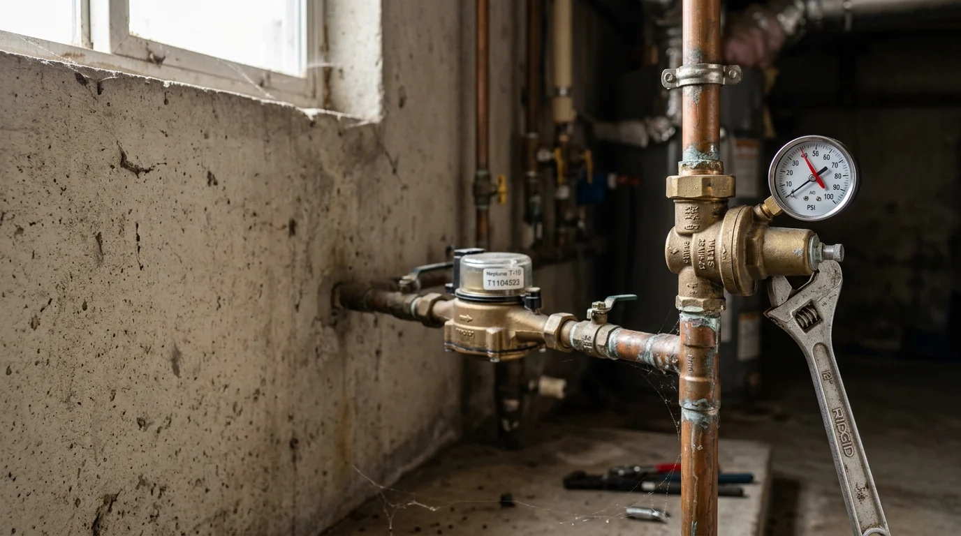 A plumber inspecting a pressure regulator valve on the main water supply line inside a San Francisco home. The valve shows signs of corrosion and wear, with a pressure gauge attached to the downstream pipe.