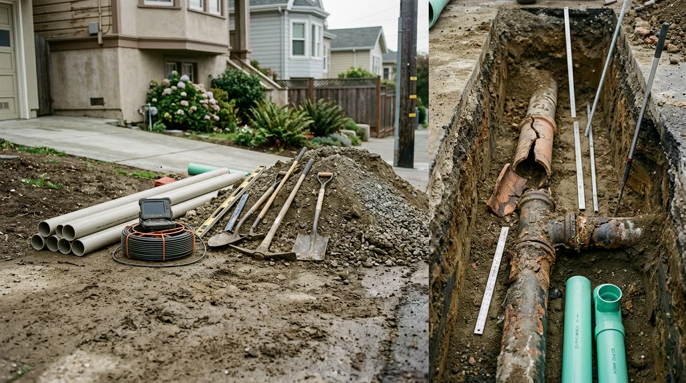 A plumber assessing an exposed sewer lateral in the yard of a San Francisco residential property, with visible aging pipe material showing cracks and root intrusion. The surrounding soil reflects the dense urban setting typical of Bay Area homes.