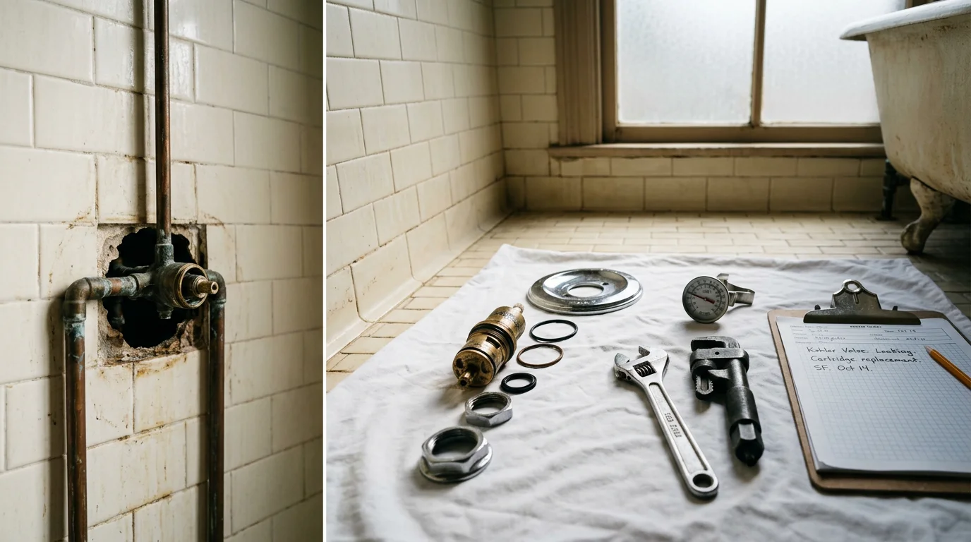 A plumber replacing a shower valve cartridge inside an open wall cavity in a San Francisco home. The surrounding tile and wall finish remain intact during the repair.