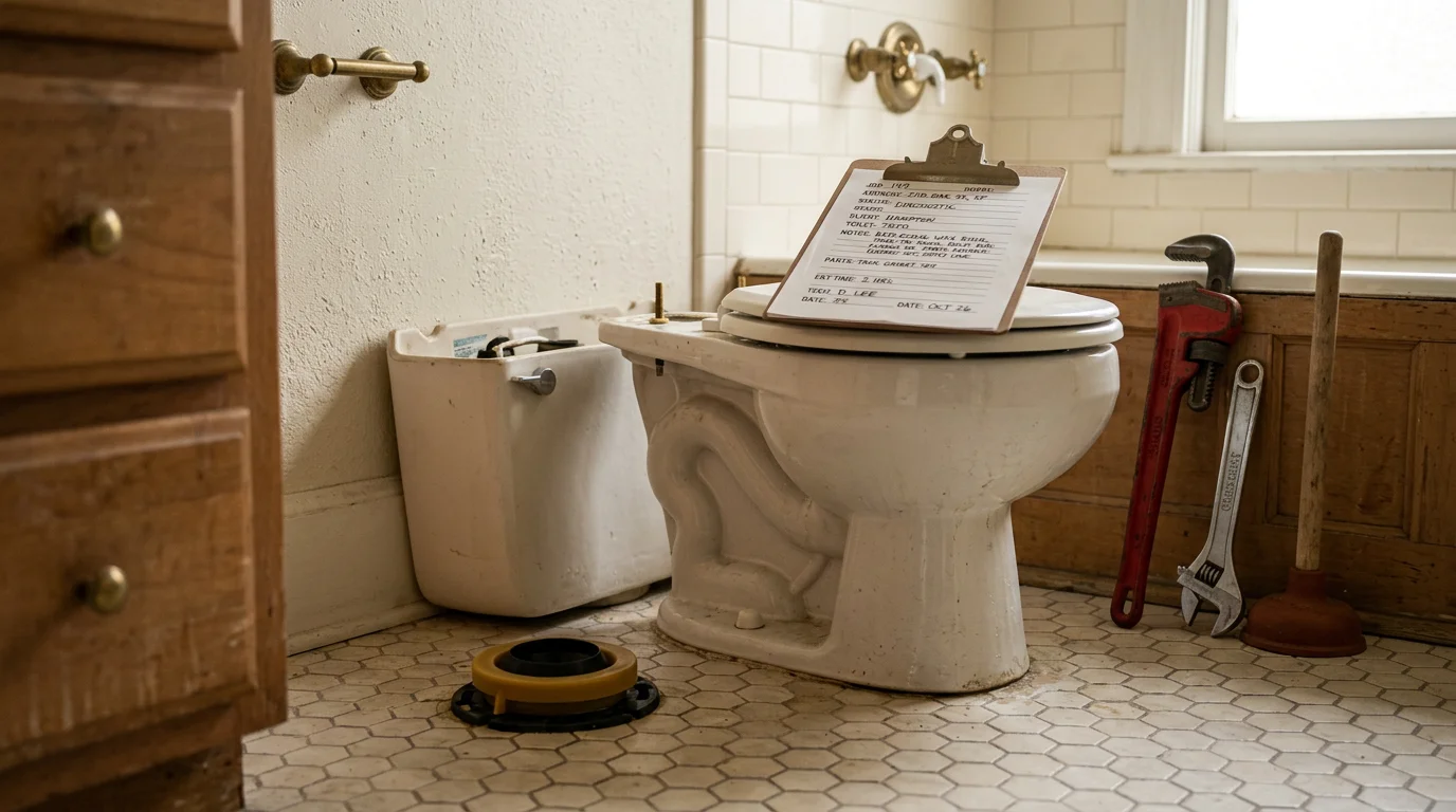 A plumber inspecting the base of a residential toilet in a San Francisco bathroom, checking for signs of a wax ring leak on tile flooring. The toilet tank is open and internal components are visible for diagnosis.