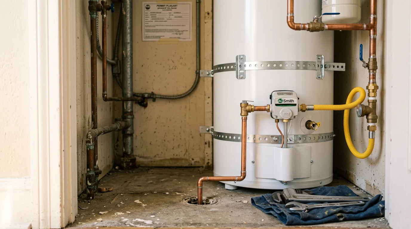 A plumber inspecting a tank water heater installed in a utility closet of a San Francisco home, checking connections and seismic strapping. The unit shows signs of sediment buildup and the plumber is preparing to diagnose the issue.
