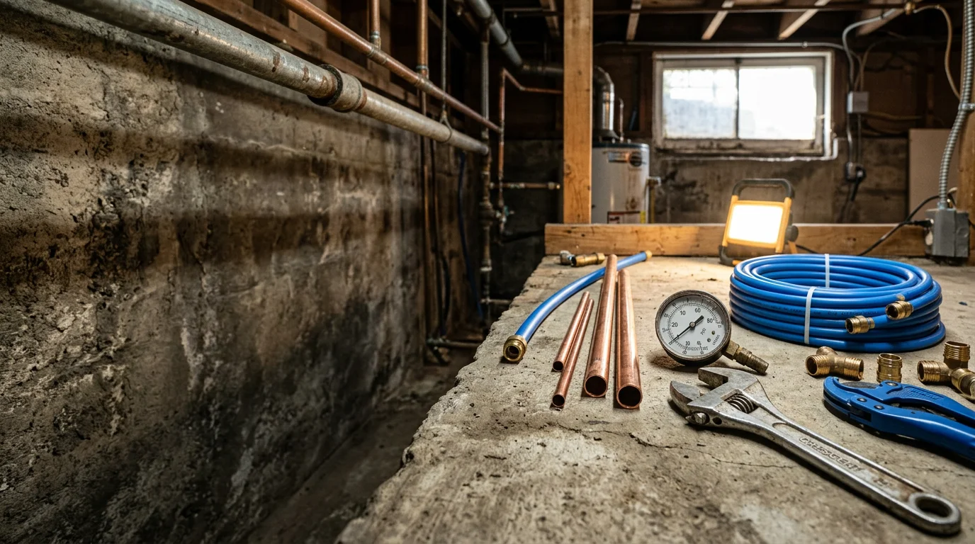 A plumber inspecting an exposed corroded galvanized water supply line beneath the floor of an older San Francisco home. New copper pipe sections are staged nearby, ready for installation during a water line repipe.