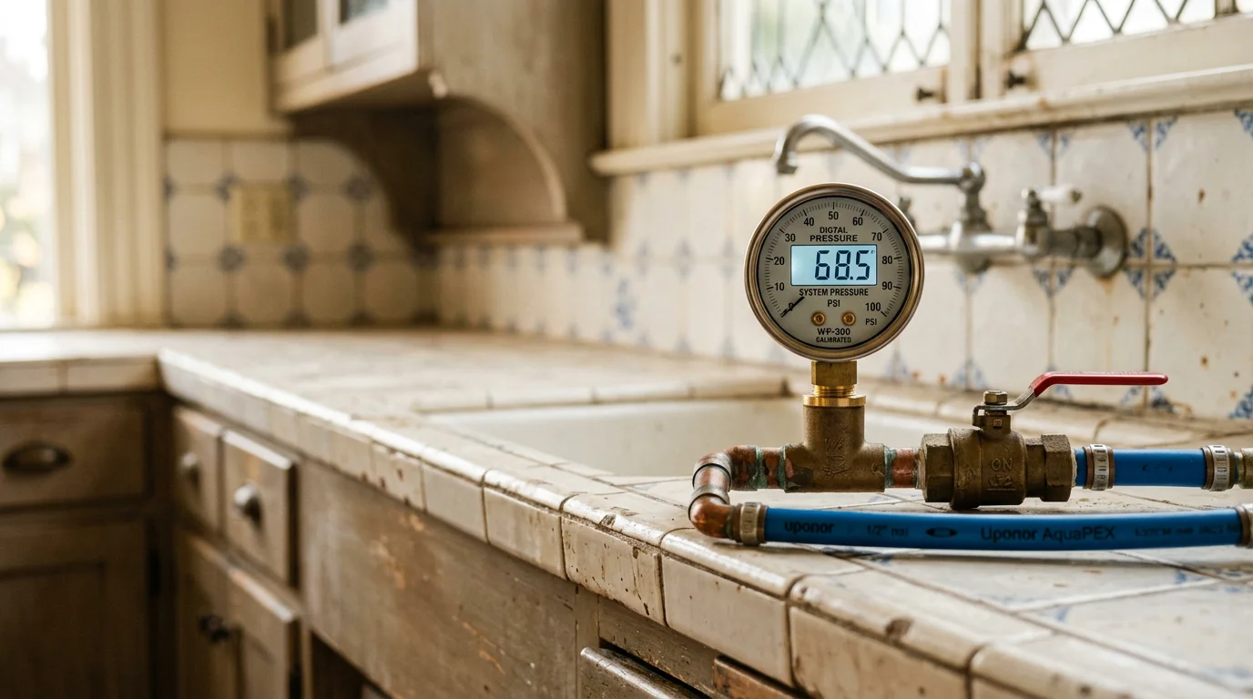 A plumber attaching a pressure gauge to an outdoor hose bib on a residential property in San Francisco to measure water pressure. The gauge dial is visible and the surrounding plumbing shows typical Bay Area home construction.